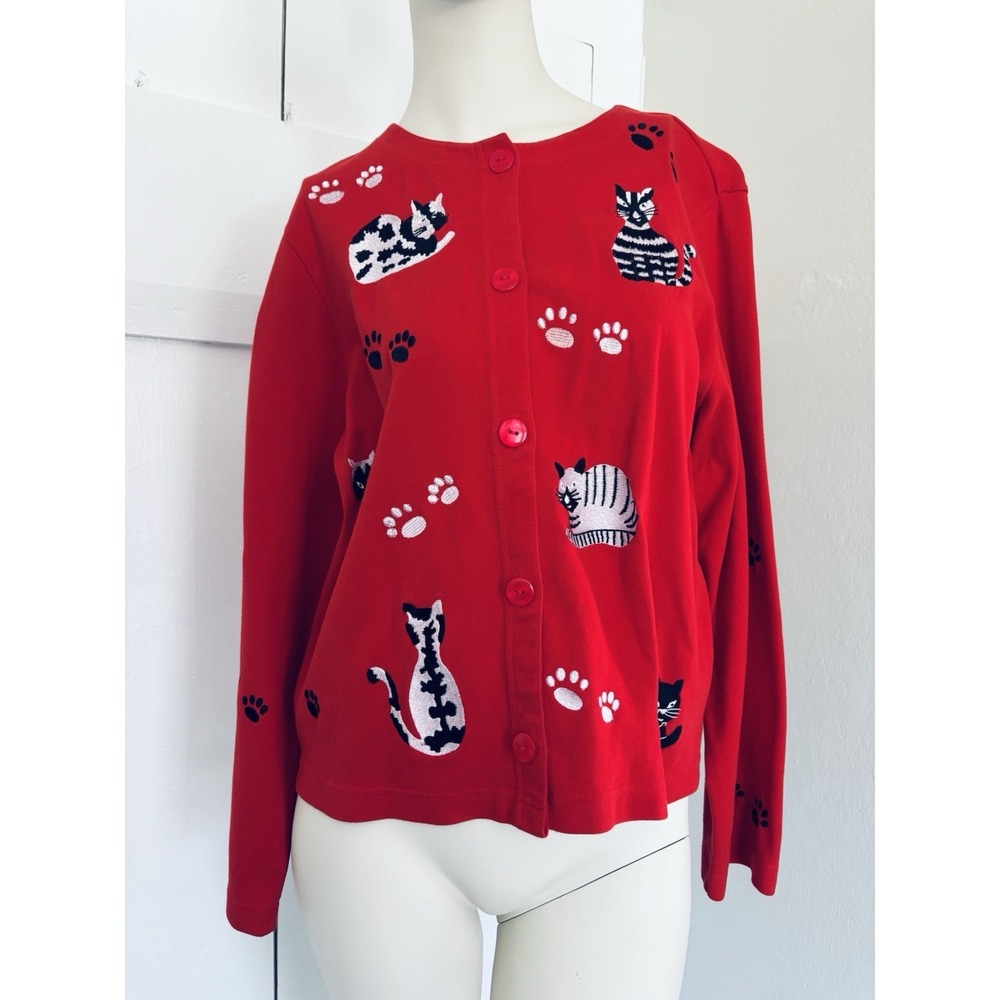 Vintage Sweater Red‎ Cat Kitty Embroidered Cardigan Button Parsley & Sage Medium